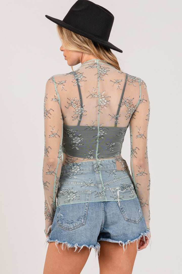 SAGE + FIG Mesh Long Sleeve Sheer Floral Embroidery Top In Sage