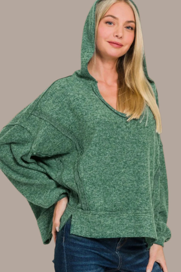 Zenana Brushed Hacci Exposed Seam Hoodie Green