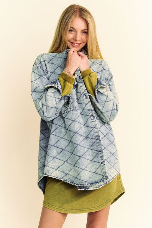 Davi & Dani Diamond Quilted Denim Shacket In Light Blue