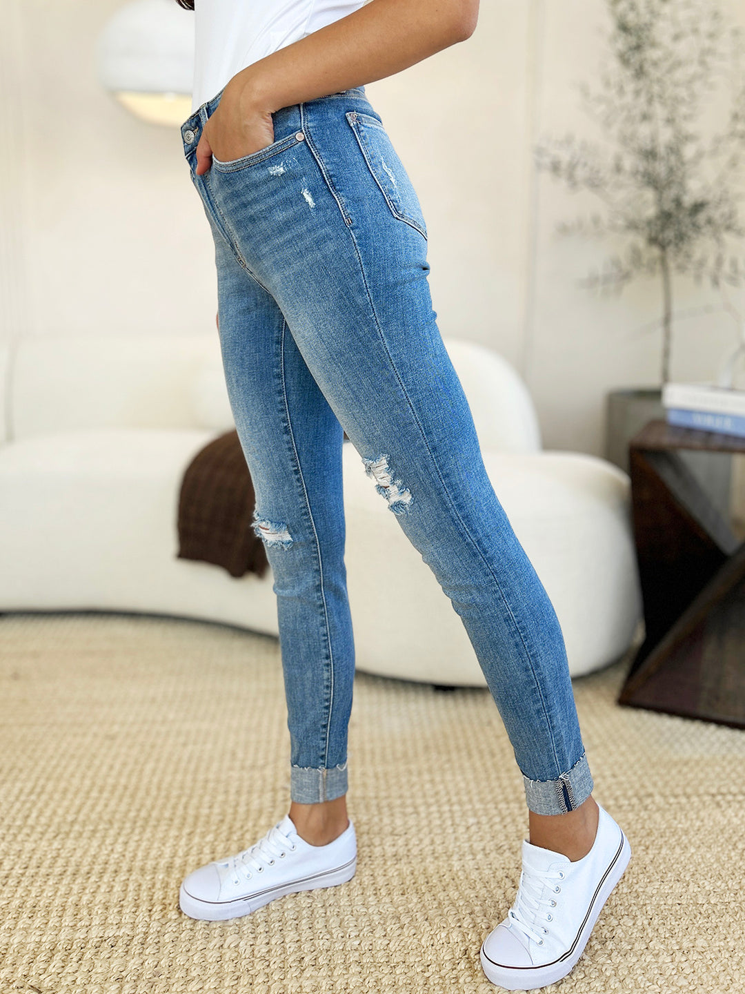 Judy Blue Nikki Mid Rise Destroyed Cuff Skinny Jeans