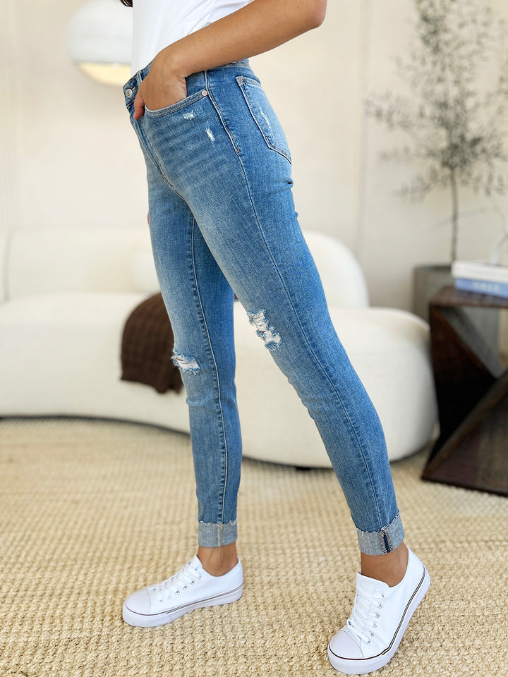 Judy Blue Nikki Mid Rise Destroyed Cuff Skinny Jeans