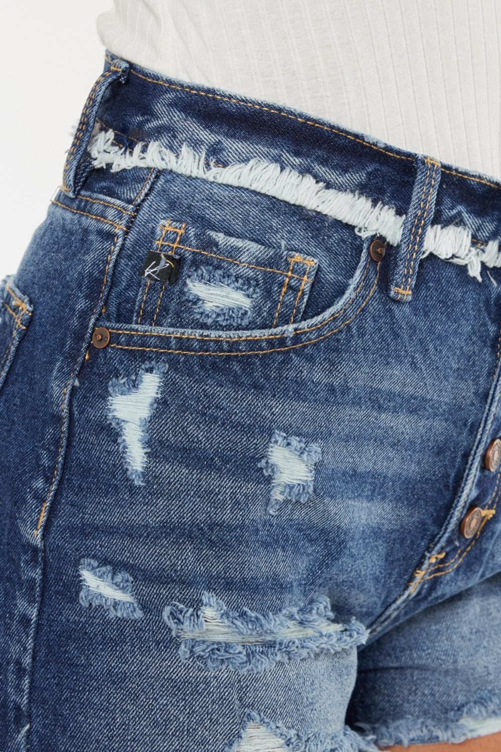 Candy Distressed Button Fly Denim Shorts