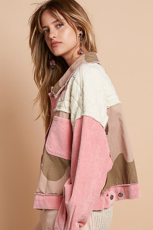 POL Corduroy Jacquard Patchwork Jacket In Neon Pink