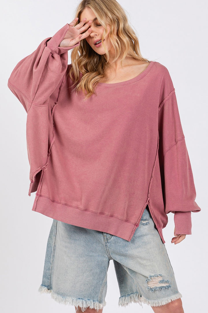 SAGE + FIG Mineral Wash Side Slit Oversized Sweatshirt In Mulberry