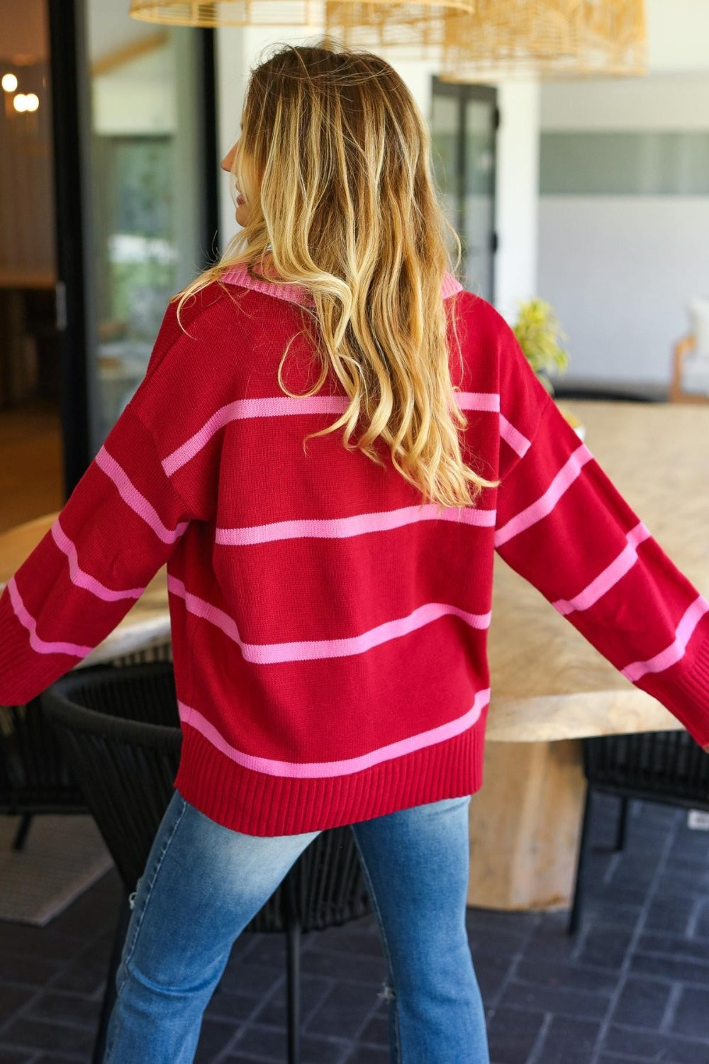 Haptics Collared Neck Striped Contrast Sweater In Crimson