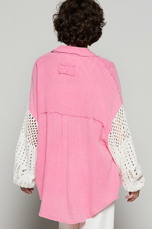POL Openwork Lantern Sleeve Button Down Gauze Top In Fuchsia
