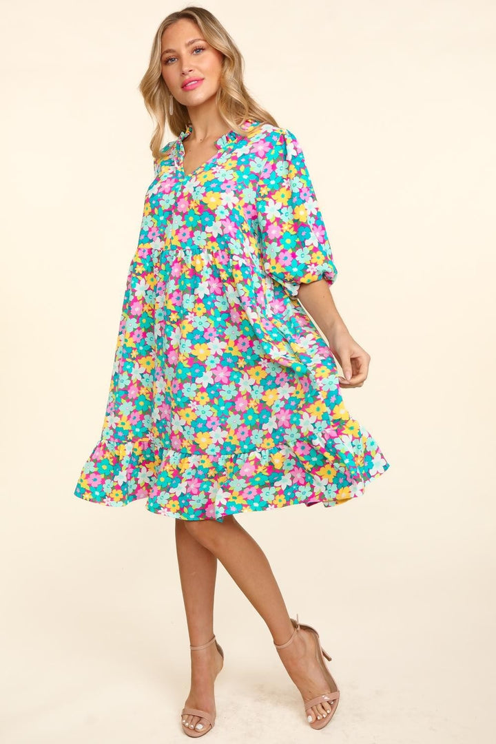 Sea Bubble Sleeve Floral Ruffled Dress