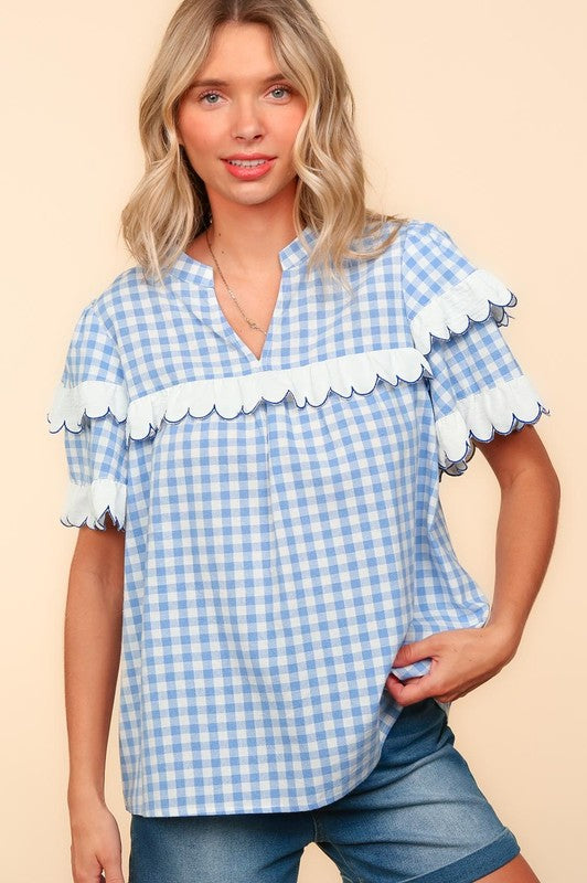 Haptics Plaid Scallop Hem Notched Blouse In Sky Blue