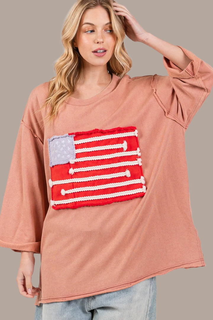 SAGE + FIG American Flag Patch Drop Shoulder Top In Indian Pink