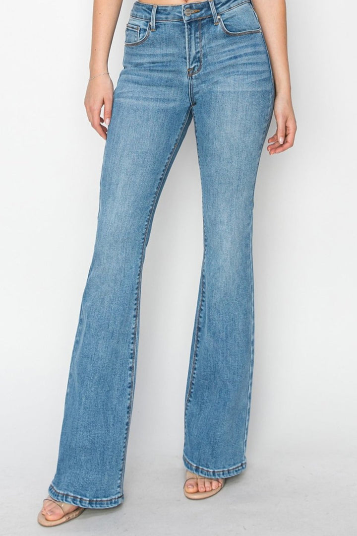 RISEN Mid Rise Flare Jeans with Pockets In Medium Wash