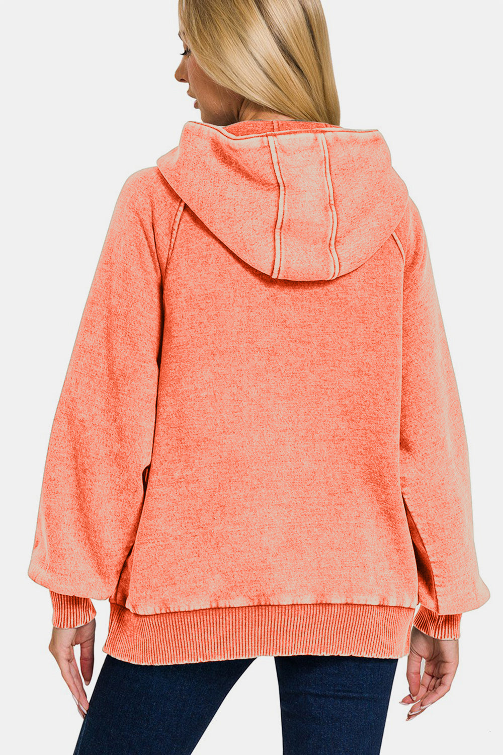 Zenana Acid Wash Fleece Kangaroo Hoodie In Coral