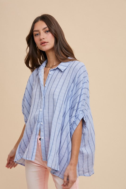 Annie Wear Striped Button Up Half Sleeve Shirt In Lt Blue