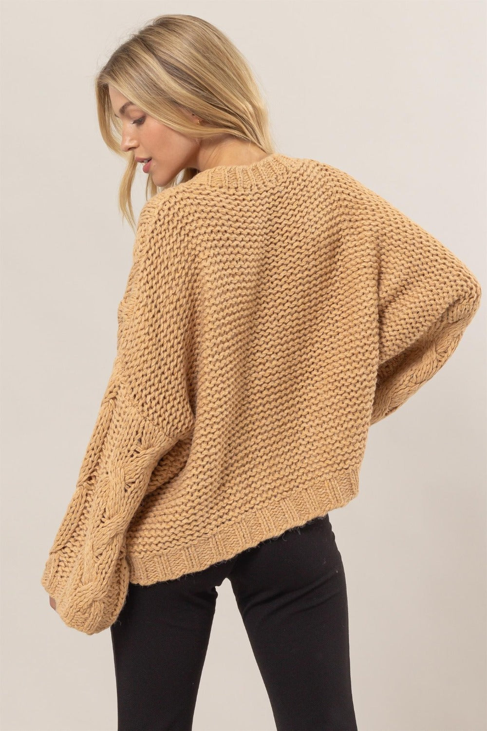 HYFVE Cable Knit V-Neck Sweater In Taupe