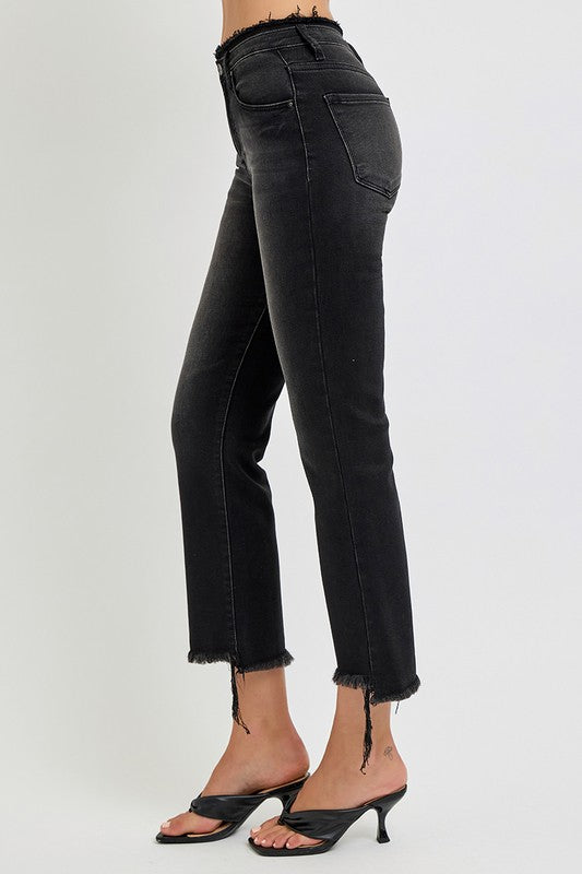 RISEN Raw Hem Cropped Flare Jeans In Black