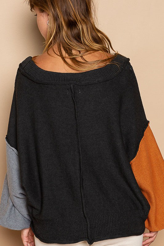 POL Exposed Seam Roll Edge Color Block Sweater In Black