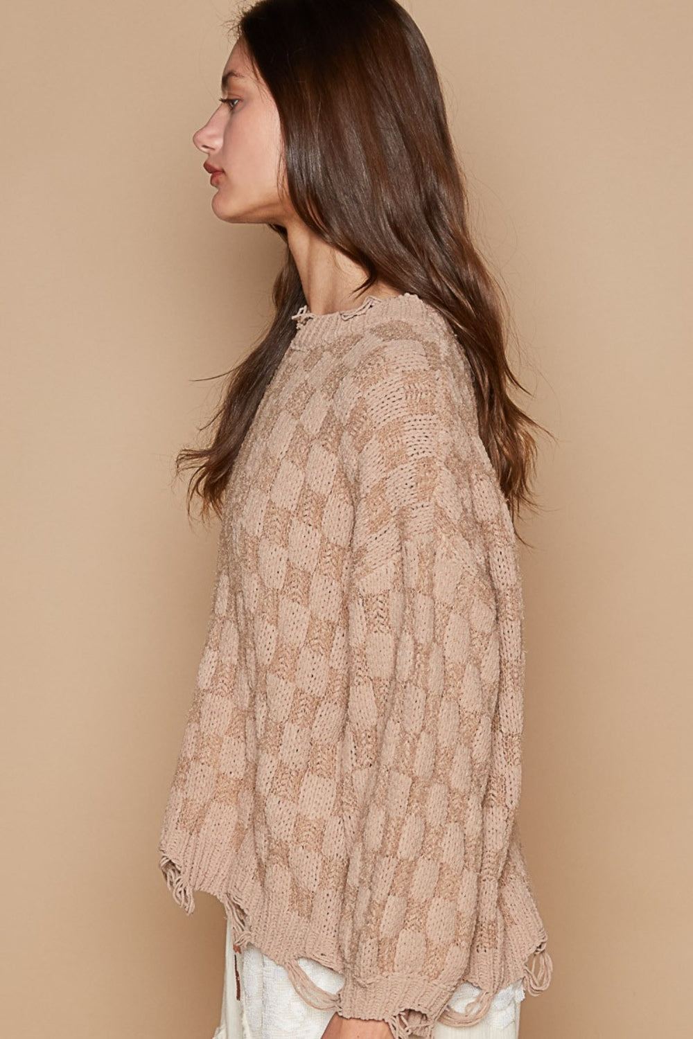 POL Checkered Distressed Edge Sweater In Mocha Beige