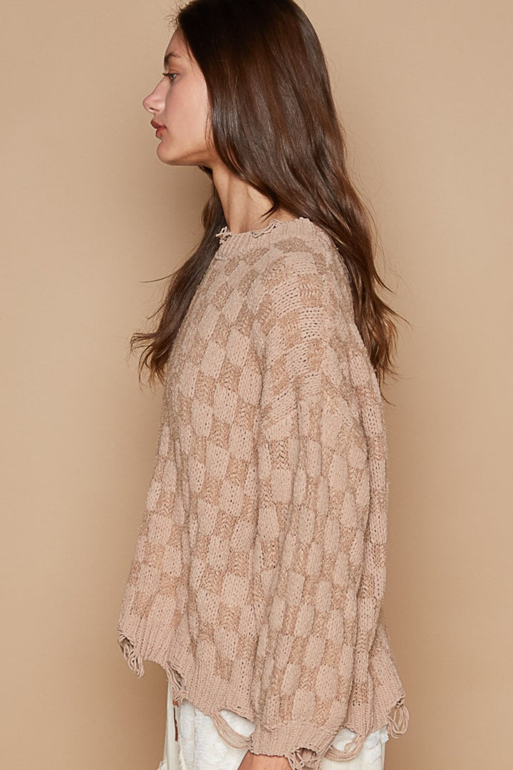 POL Checkered Distressed Edge Sweater In Mocha Beige