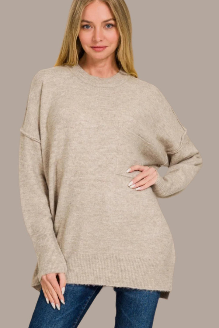 Zenana High-Low Hem Sweater In Mocha