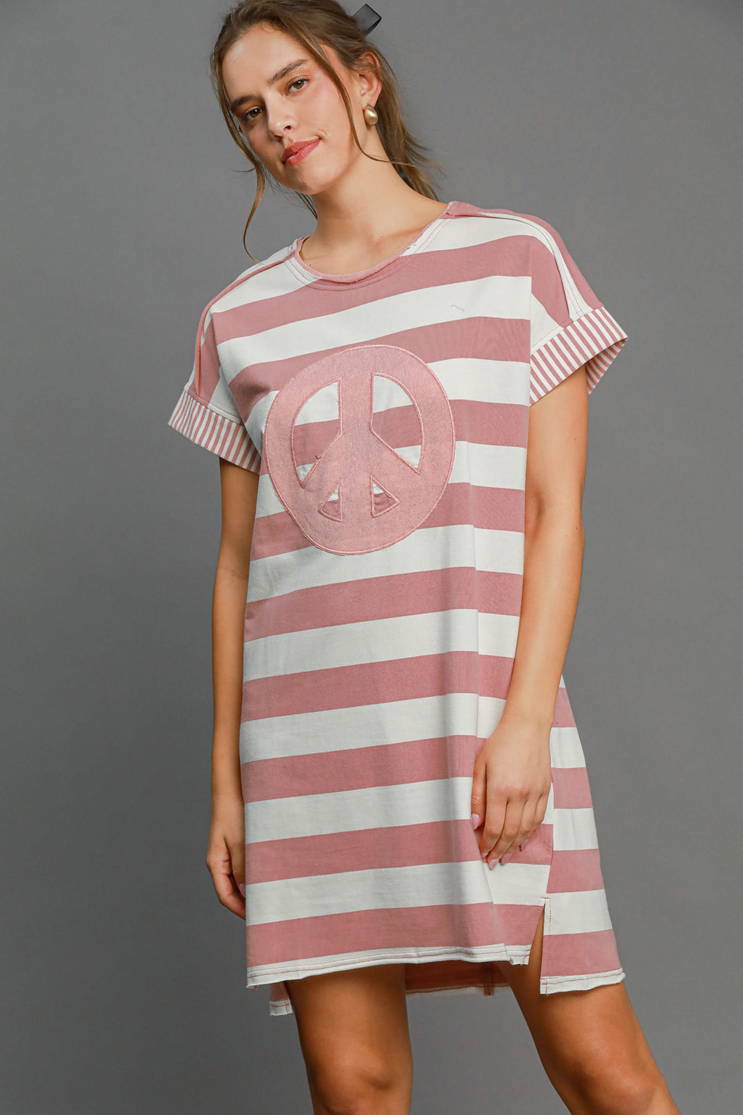 Umgee Peace Applique Striped Mini Dress In Dusty Pink