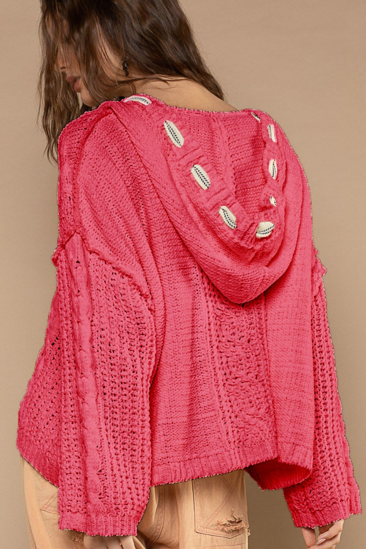 POL Cable Knit Hooded Chenille Sweater In Fuchsia