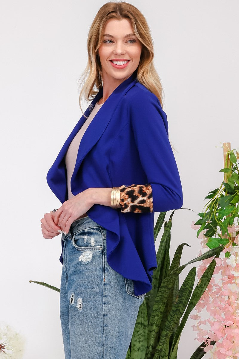 Leopard Cuff Open Front Blazer In Blue