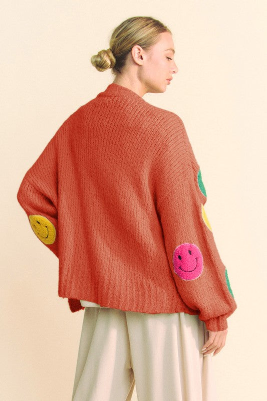 Davi & Dani Fuzzy Smile Cardigan In Rust