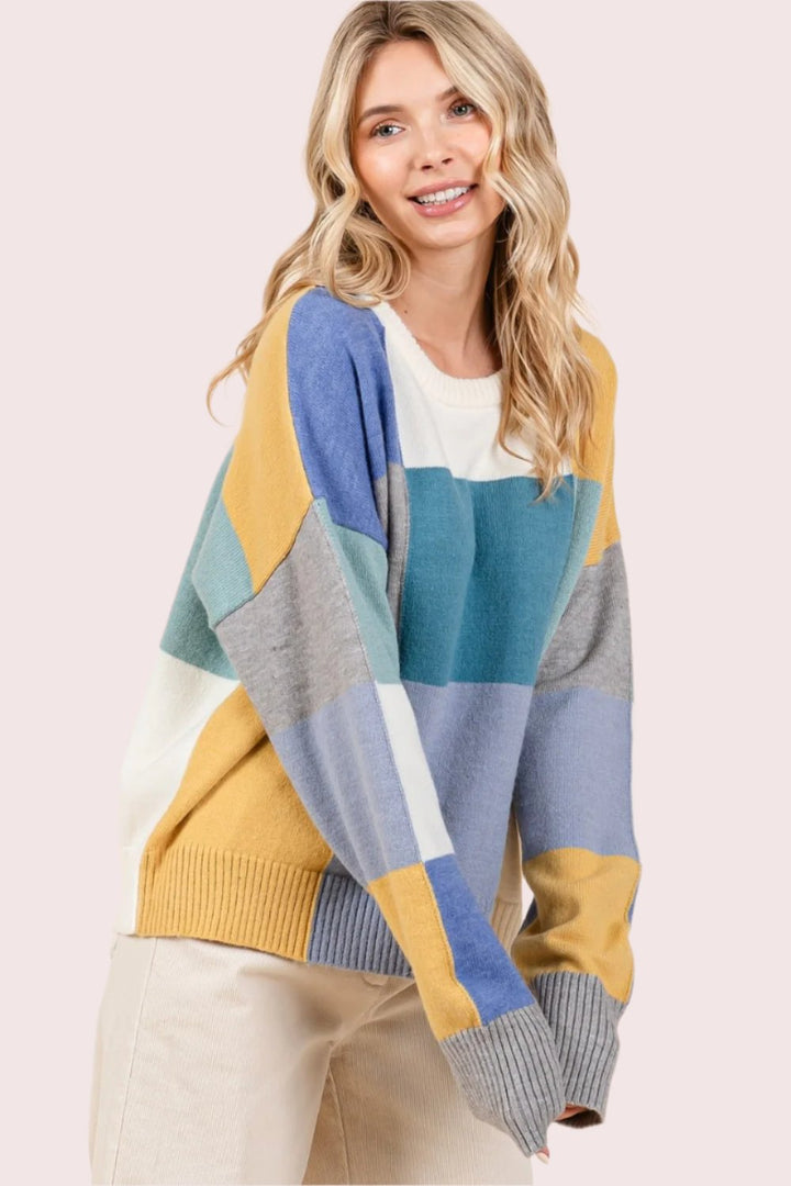 Mittoshop Color Block Round Neck Sweater In Seafoam