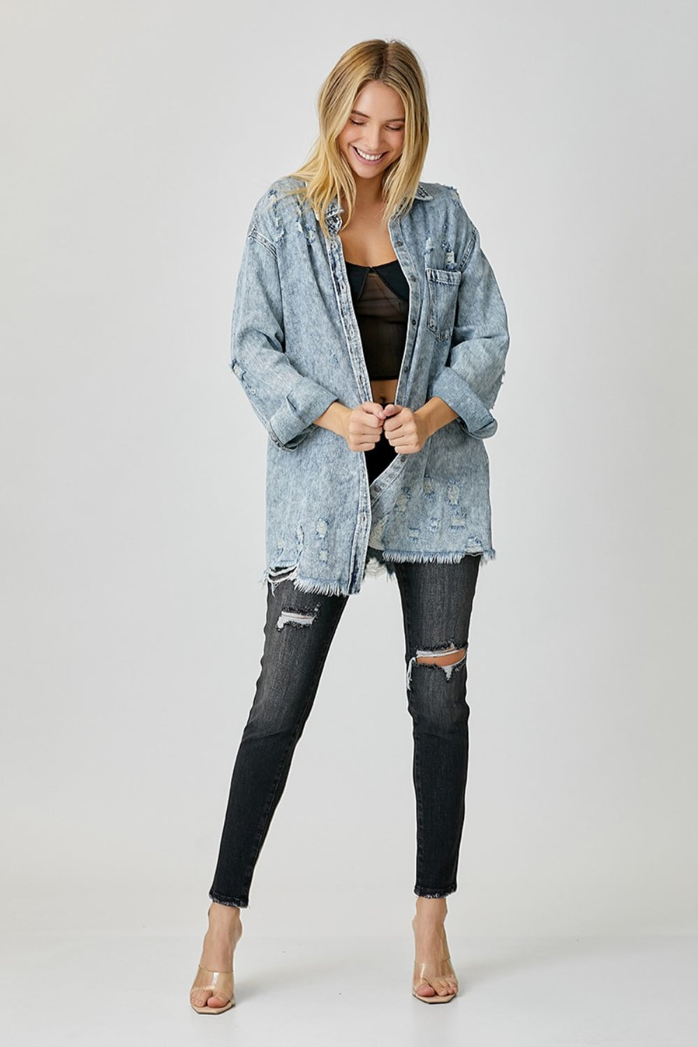 Katie Distressed Raw Hem Denim Shirt