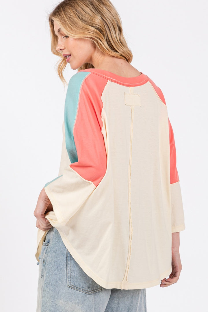 SAGE + FIG Color Block Curved Hem Top In Magnolia