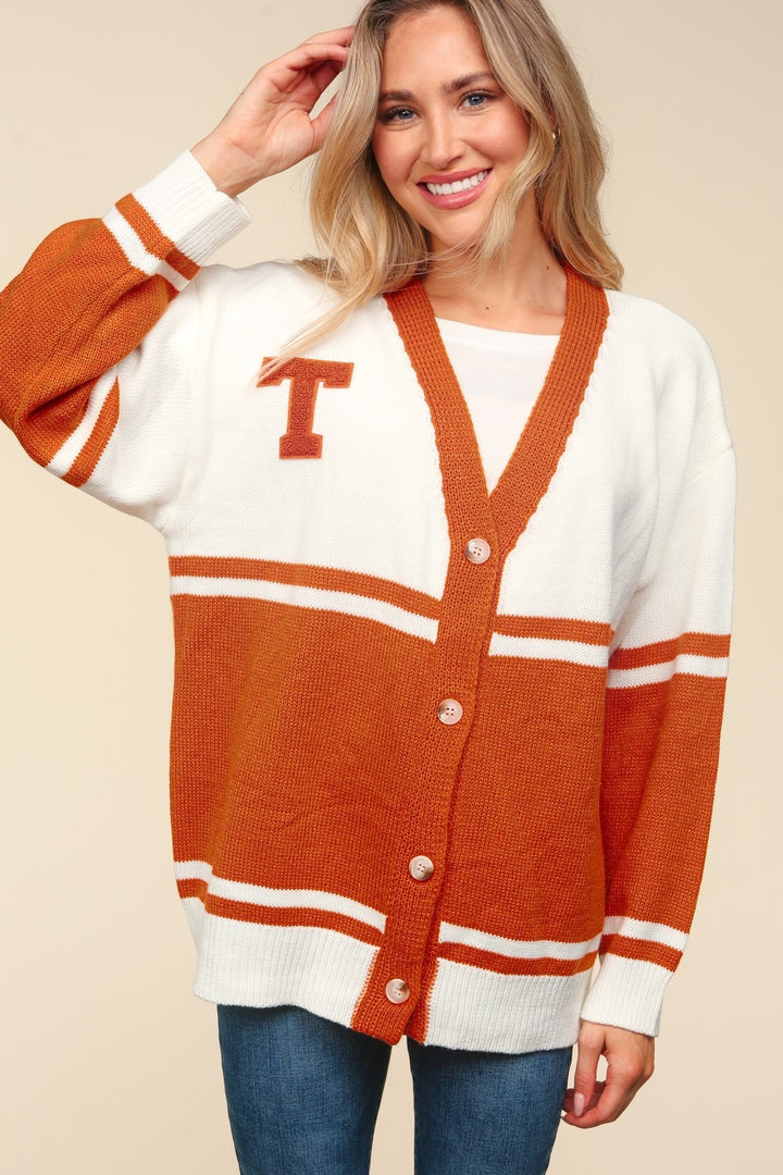 Haptics V Neck Button Down Letter Patch Cardigan In Burnt Orange