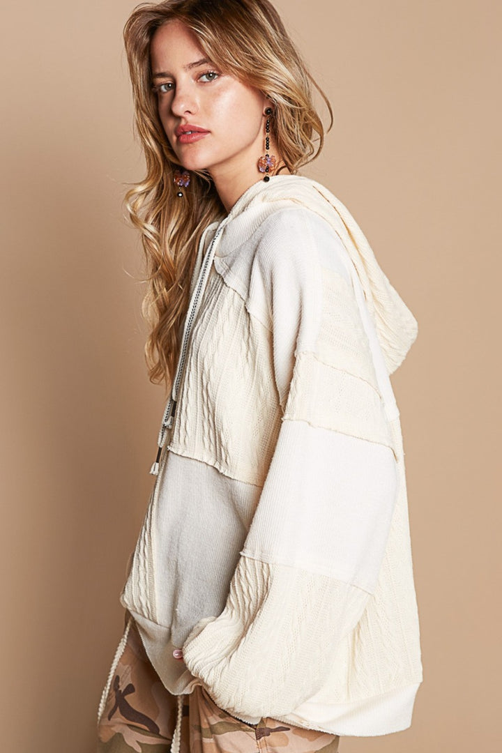 POL Exposed Seam Hooded Knit Top In Cream