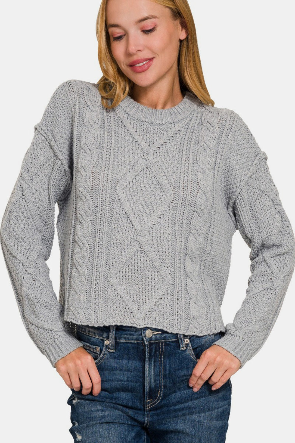 Zenana Cropped High Low Cable Sweater with Side Slits In H Grey