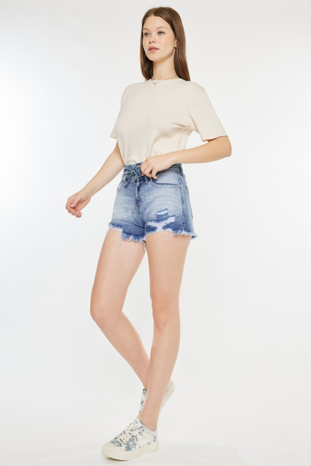 Kancan Maya High Rise Frayed Hem Denim Shorts