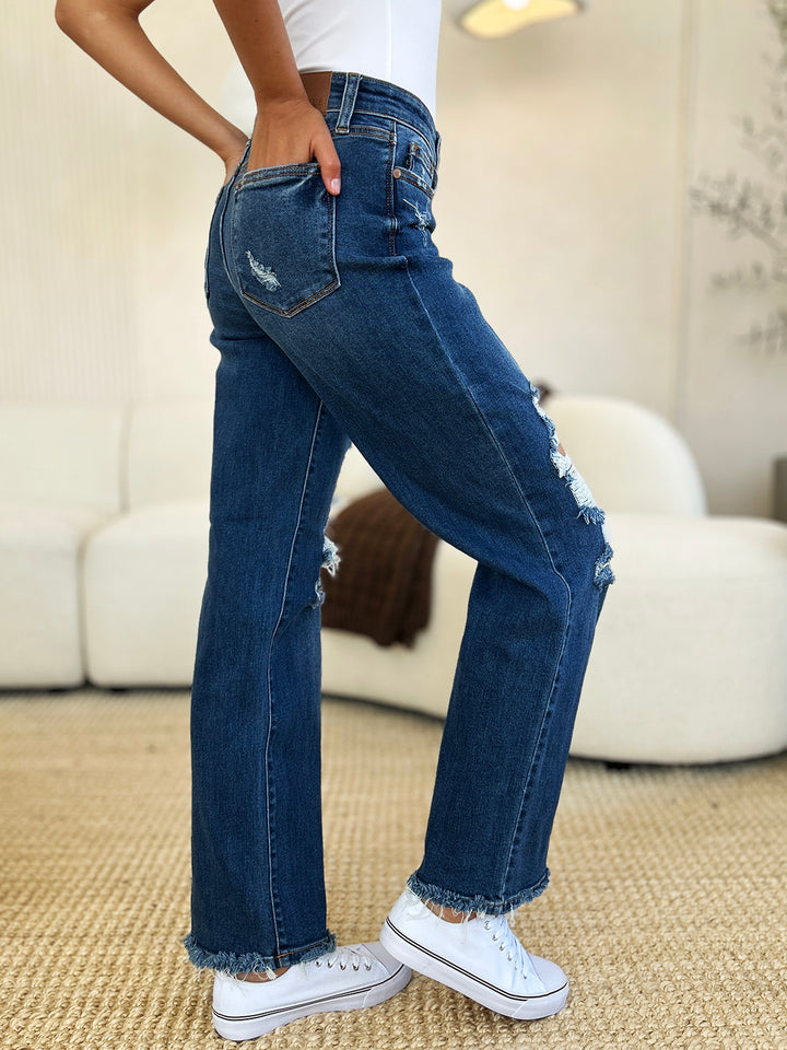 Judy Blue Memories Mid Rise Distressed Raw Hem Jeans