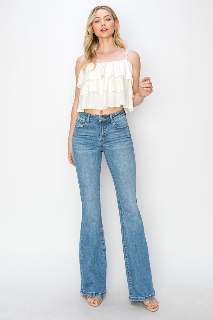 RISEN Mid Rise Flare Jeans with Pockets In Medium Wash