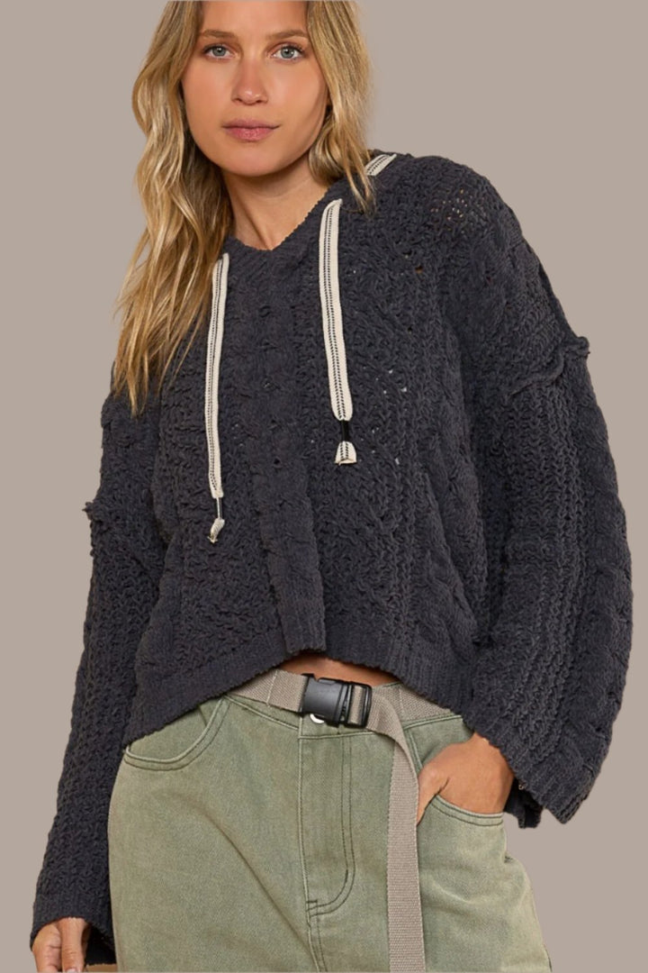 POL Cable Knit Hooded Chenille Sweater In Ghost Grey