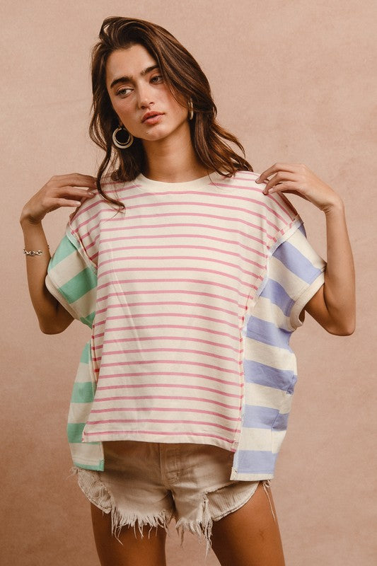 BiBi Slit Exposed Seam Striped Top In Pink