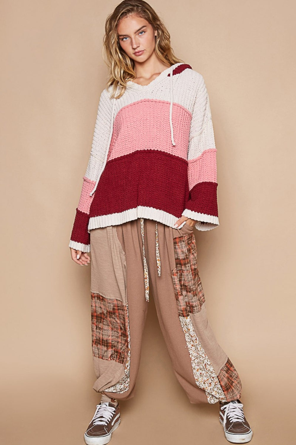 POL Color Block Long Sleeve Hooded Sweater In Pink Burgundy Multi