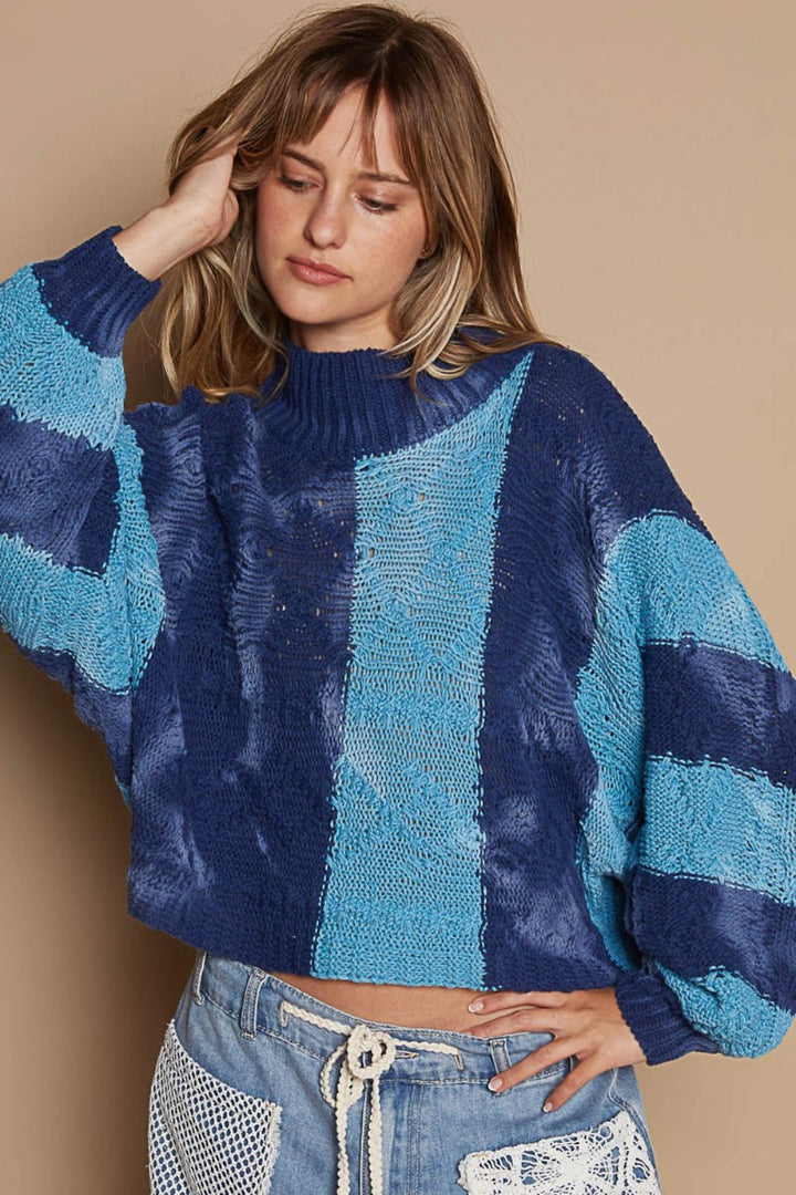 POL Mock Neck Color Block Sweater In Blue