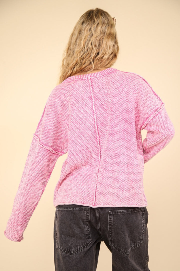 VERY J Mineral Washed Exposed Seam Sweater In pink