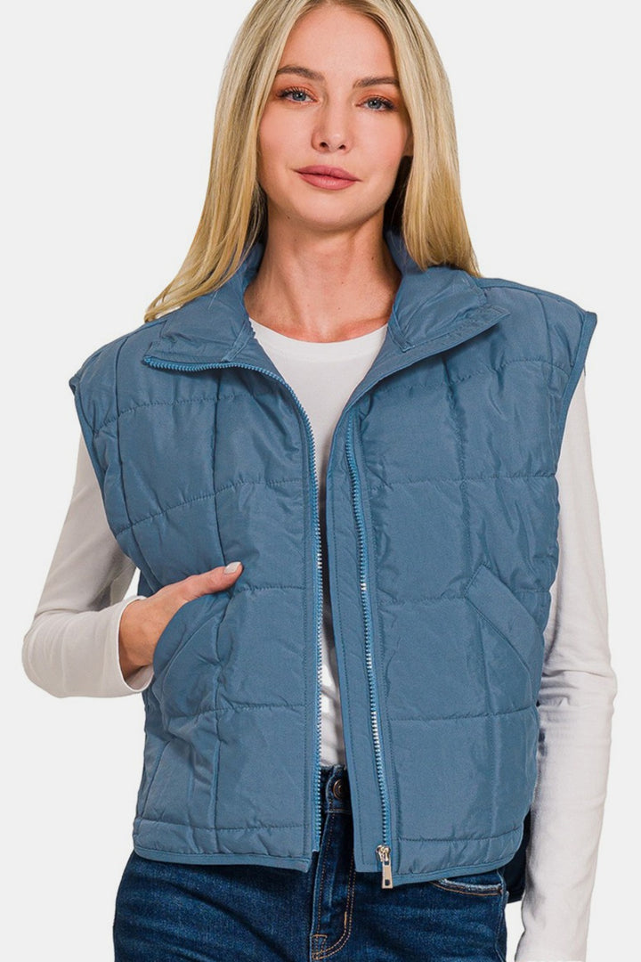 Zenana Zip Up Cropped Puffer Vest with Pockets In Dusty