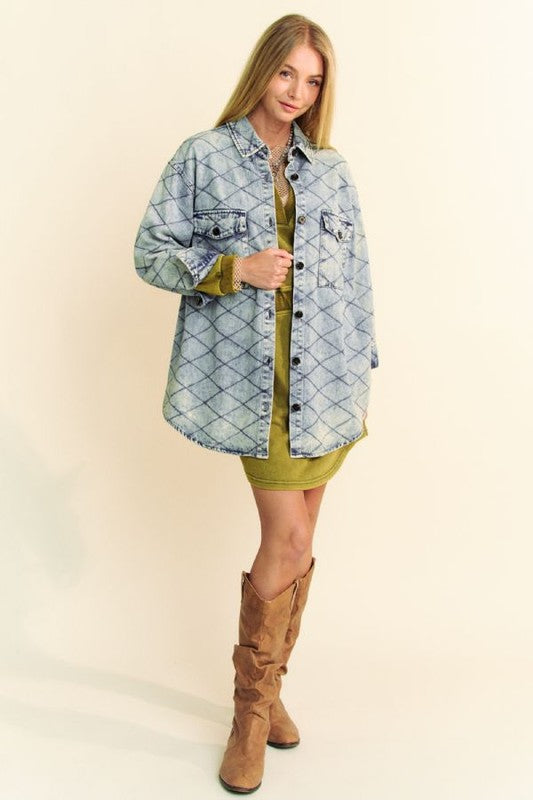 Davi & Dani Diamond Quilted Denim Shacket In Light Blue