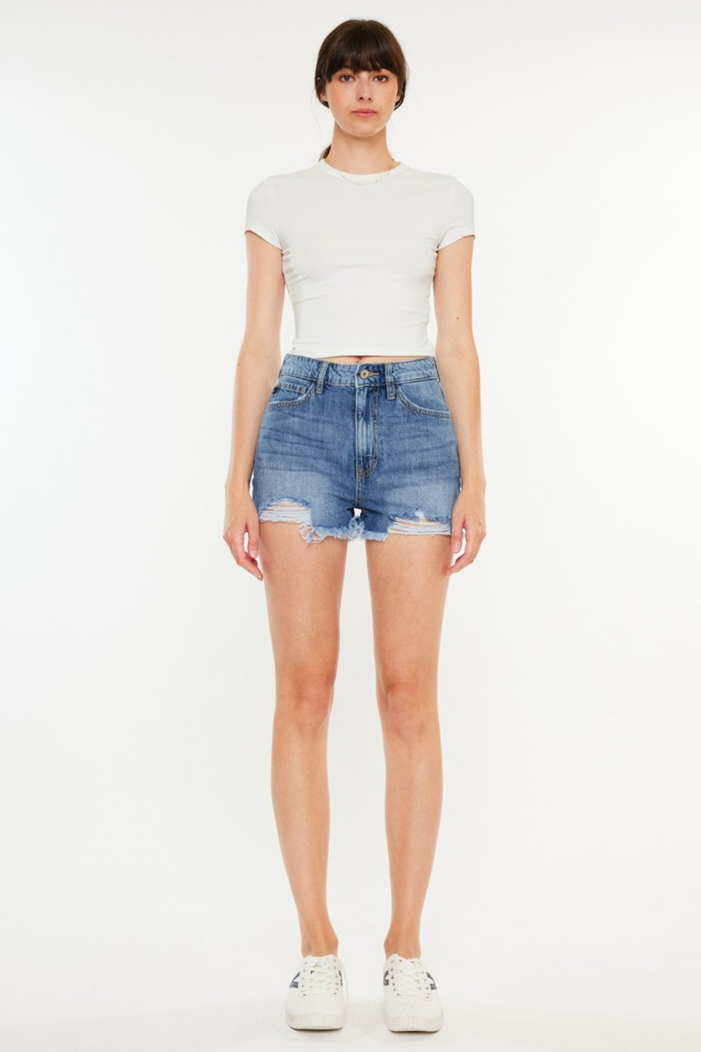 Kancan Harper Distressed Raw Hem High Waist Denim Shorts