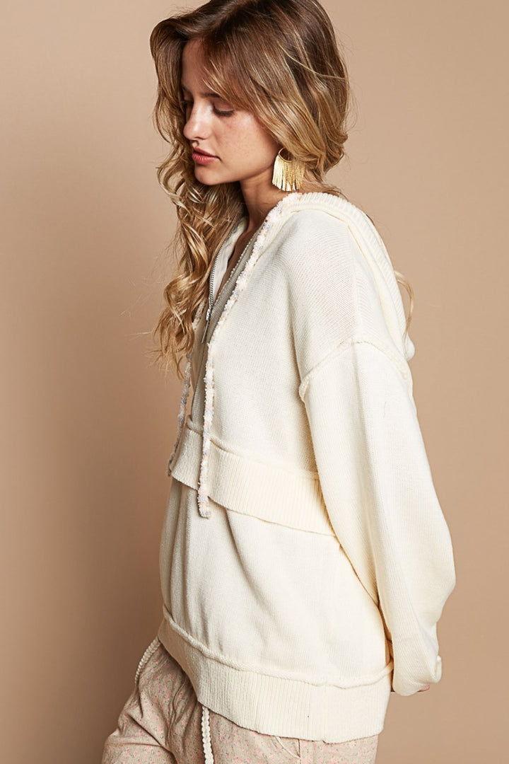 POL Half Zip Drop Shoulder Hooded Sweater In Cream