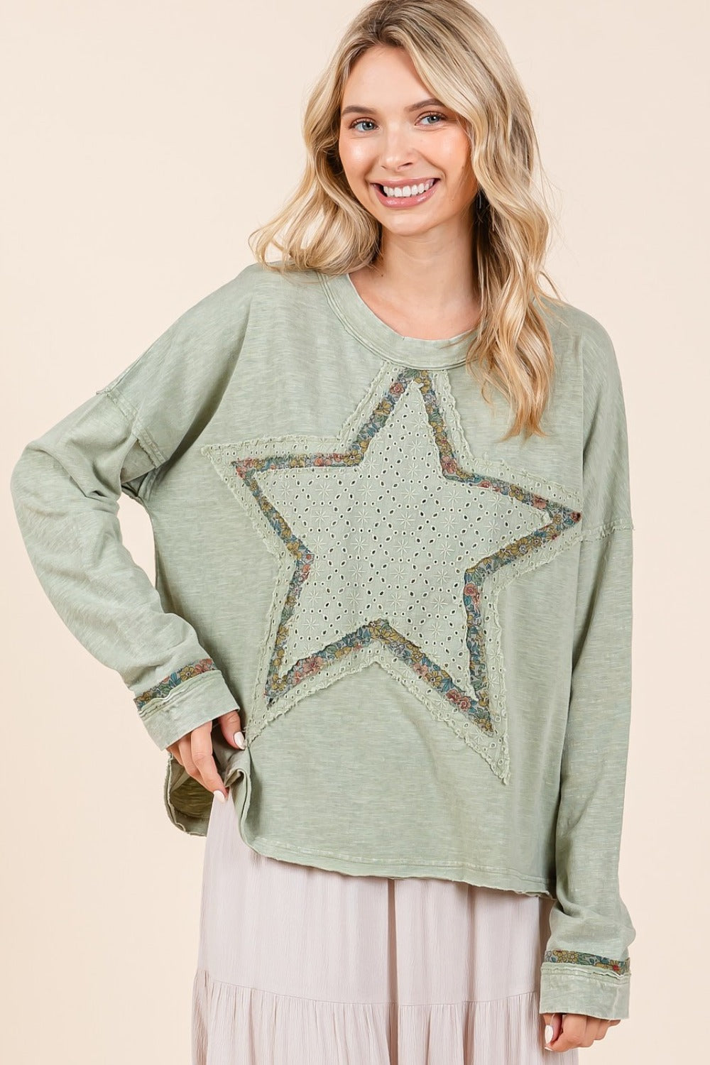 Mittoshop Mineral Wash Star Patch Long Sleeve T-Shirt In Sage