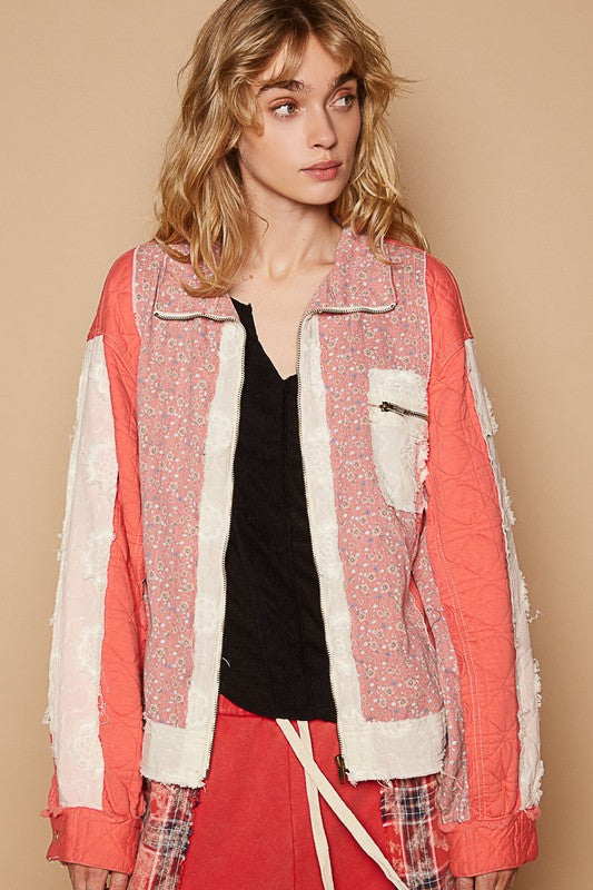 POL Floral Patchwork Zip Up Jacket In Coral