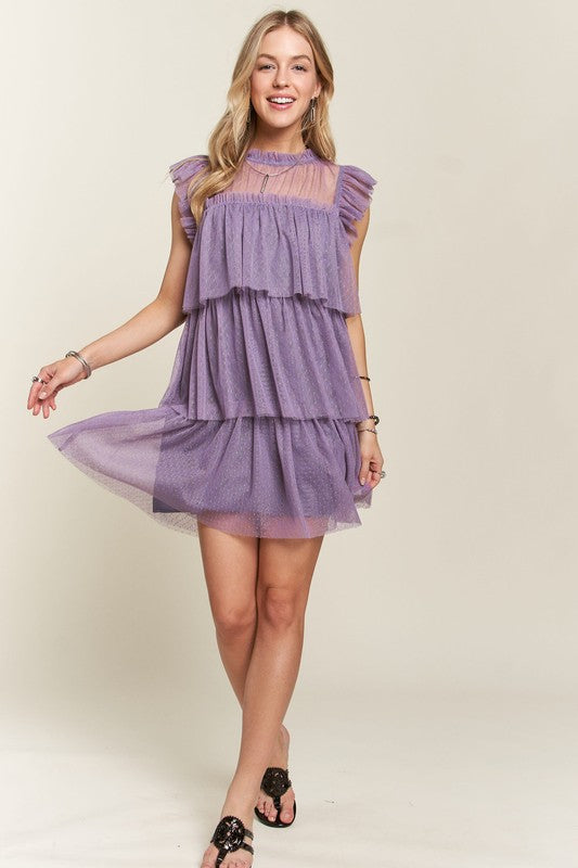 ADORA Layered Ruffled Cap Sleeve Mesh Dress In Mauve