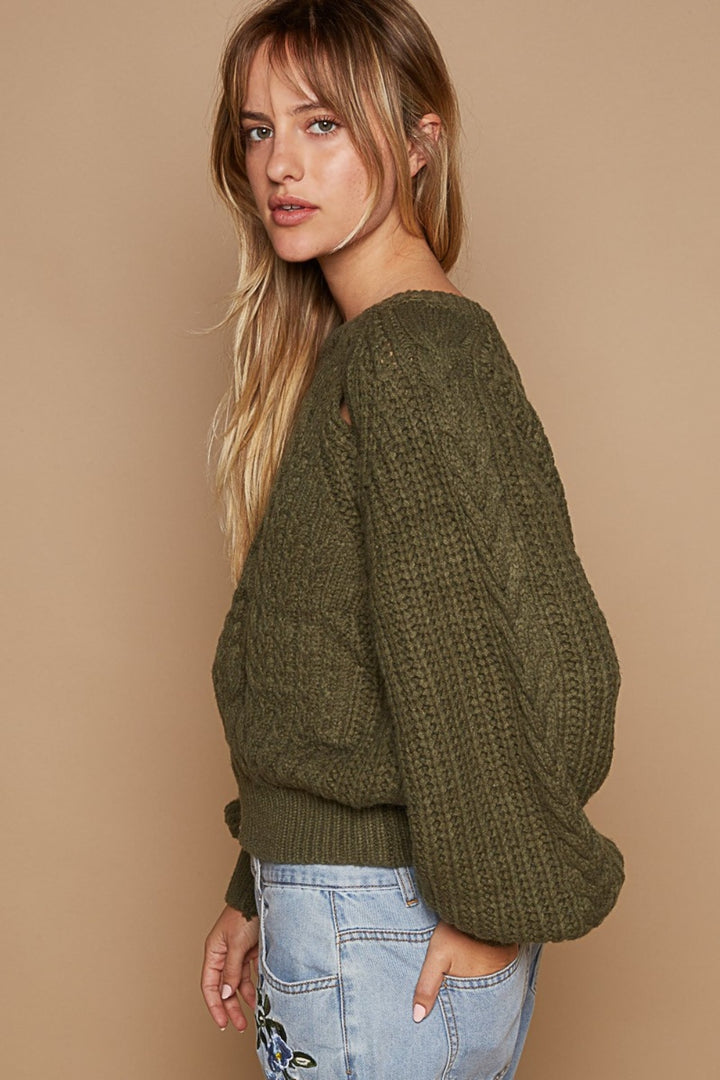 POL Cable Knit Cutout Long Sleeve Sweater In Dried Olive