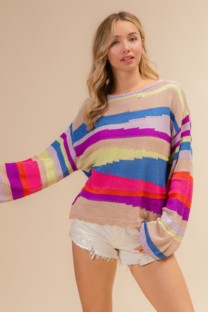 BiBi Multi Color Geometric Stripe Sweater In Latte