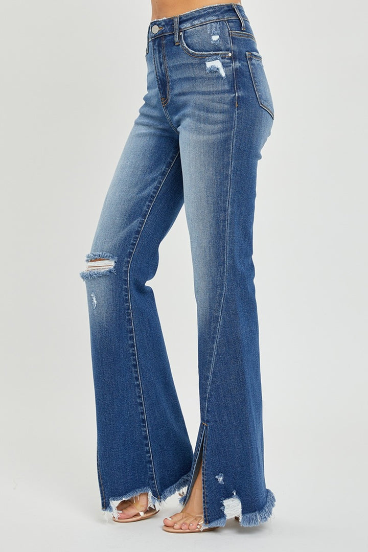 RISEN Gianna High Rise Front Slit Frayed Hem Flare Jeans